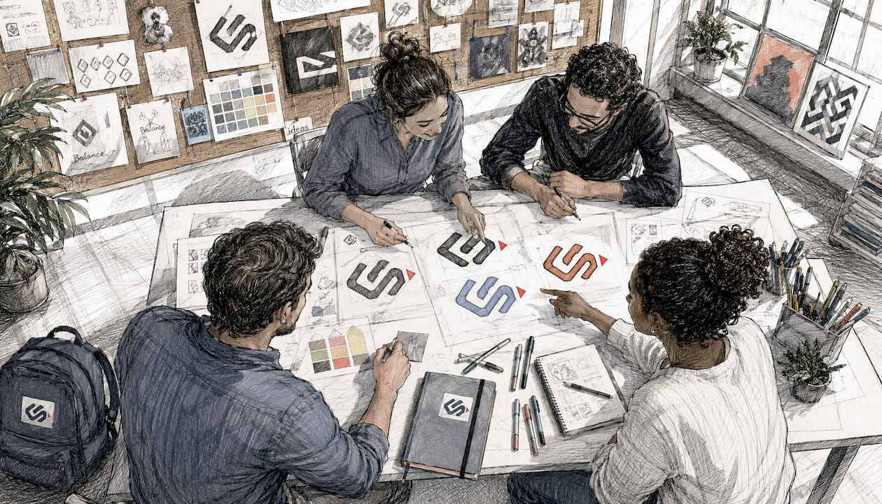 Hands comparing brand style guide and sign designs