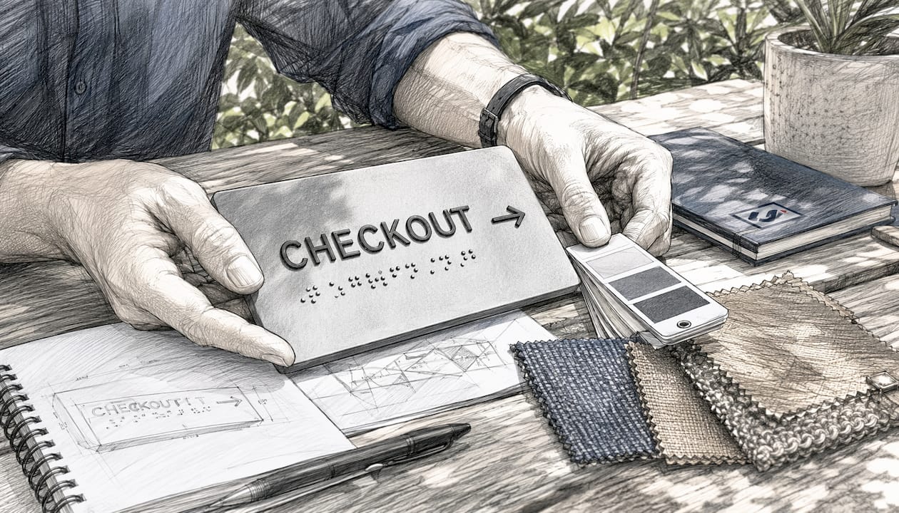 Hands holding tactile ADA-compliant retail sign sample