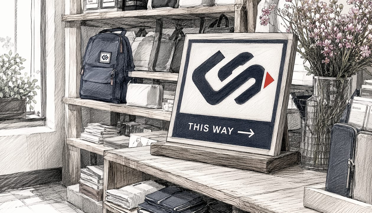 In-store directional sign hung above product aisle