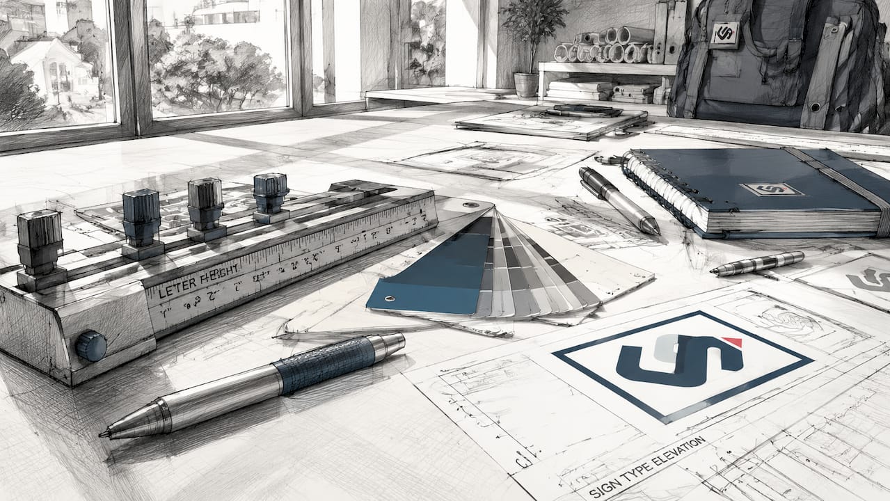 Workspace with sign design tools and print samples
