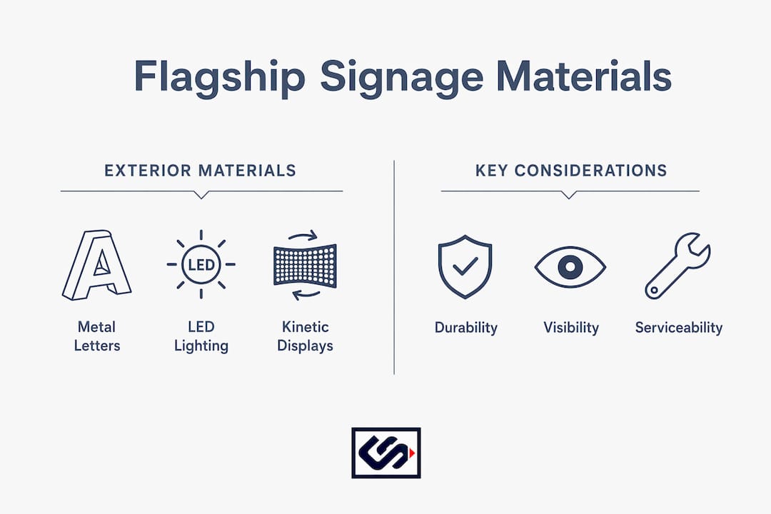 Infographic comparing flagship signage materials and considerations
