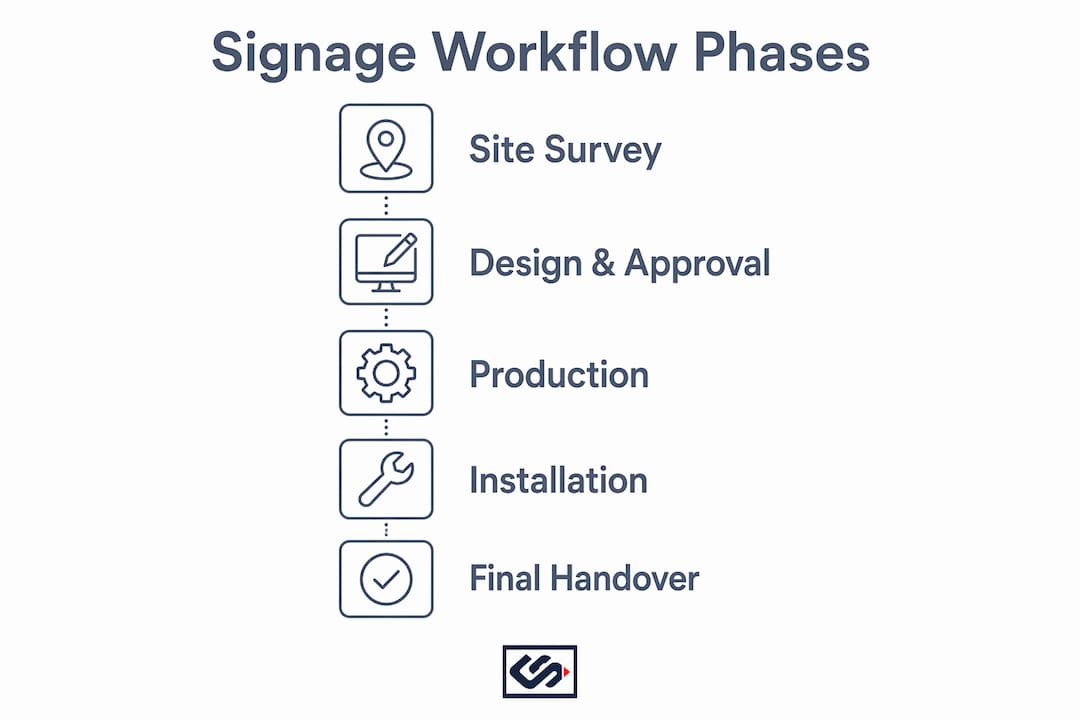 Infographic illustrating five phases of signage workflow