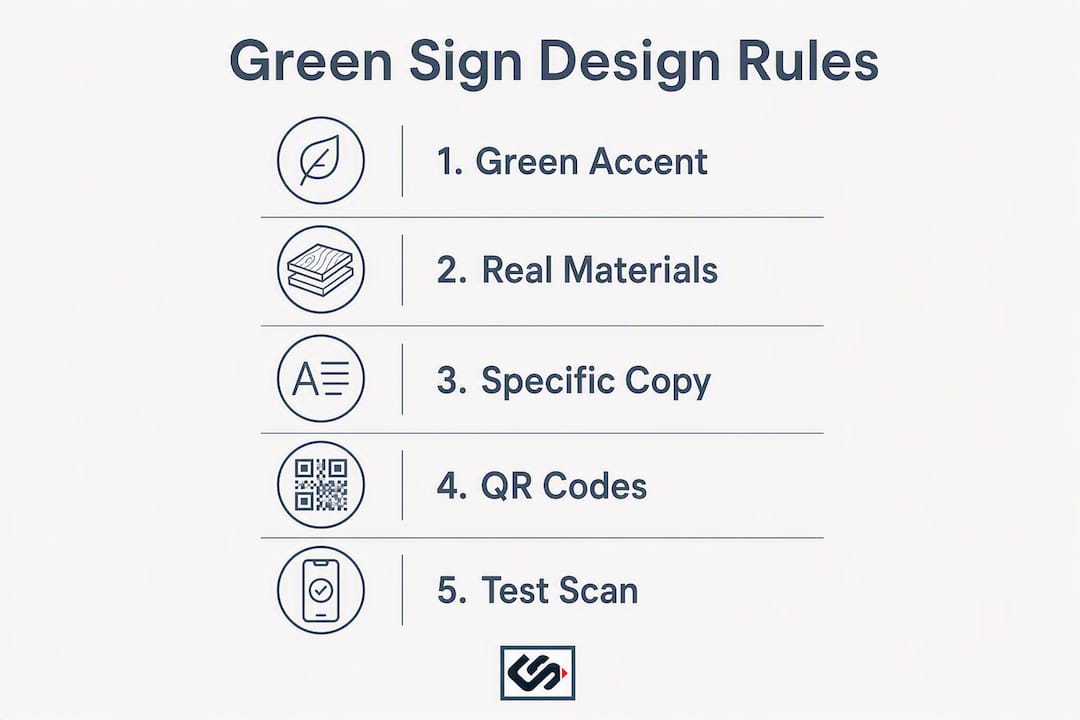 Vertical flow infographic of green signage design rules