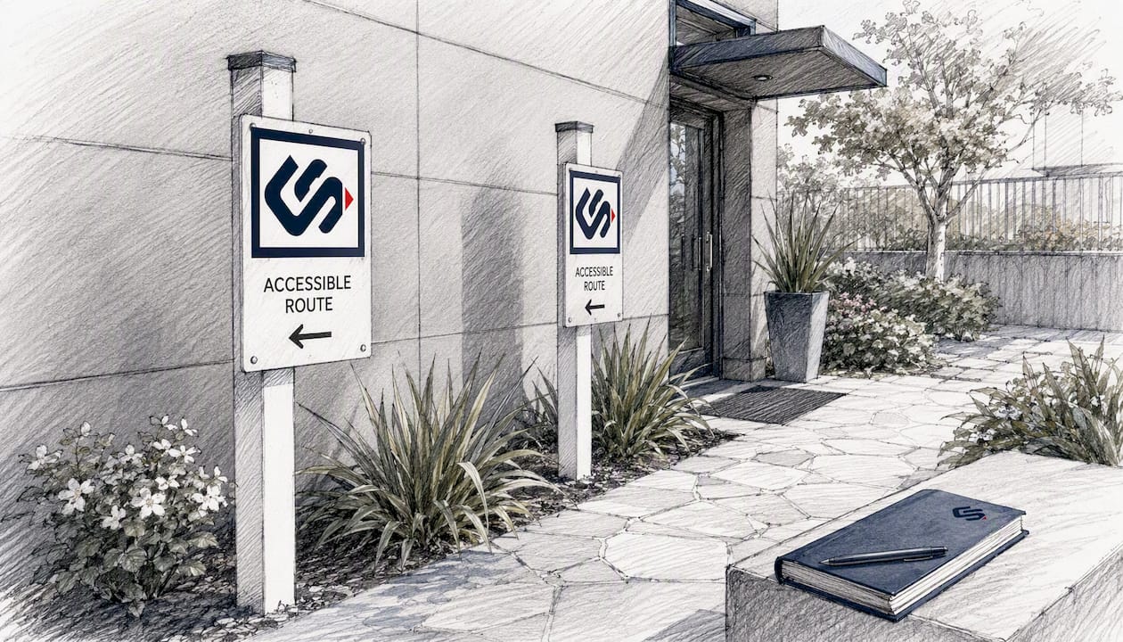 Accessible route directional signs at storefront entrance