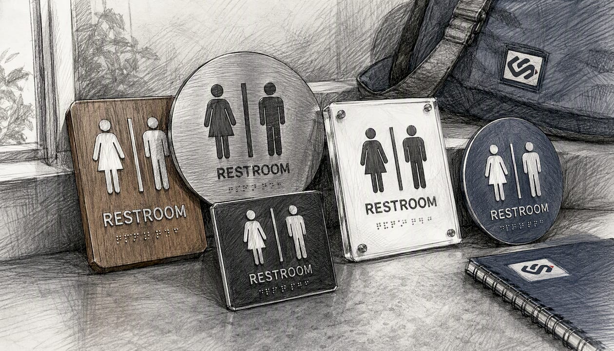 Various ADA compliant restroom signs laid out on table