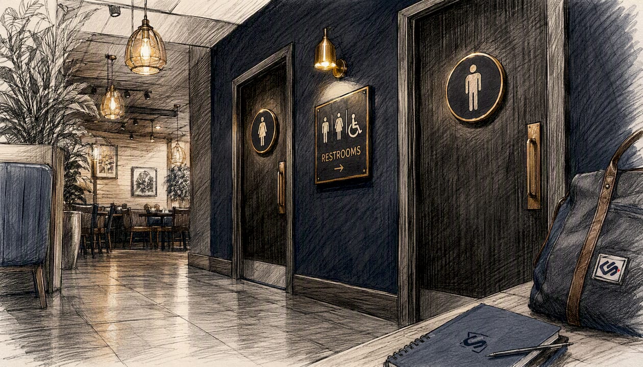 Restaurant hallway showing mounted restroom signs