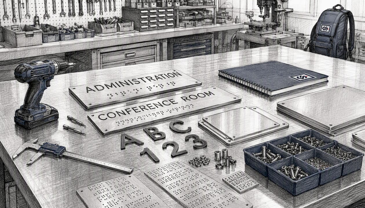 Overhead view of wayfinding sign fabrication materials