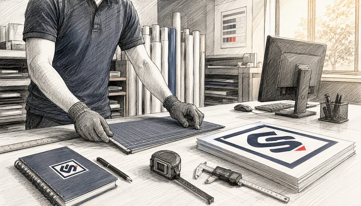 Close-up of sign printing workspace and tools