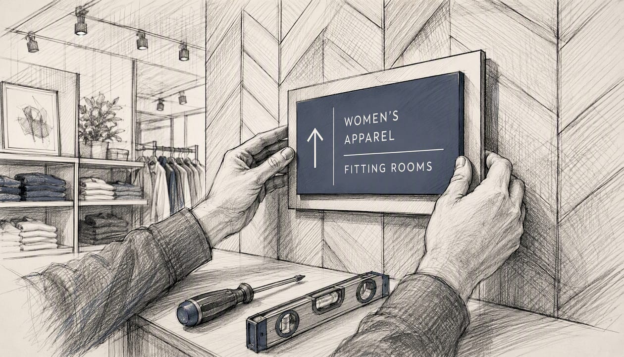 Hands maintaining a wayfinding sign on wall