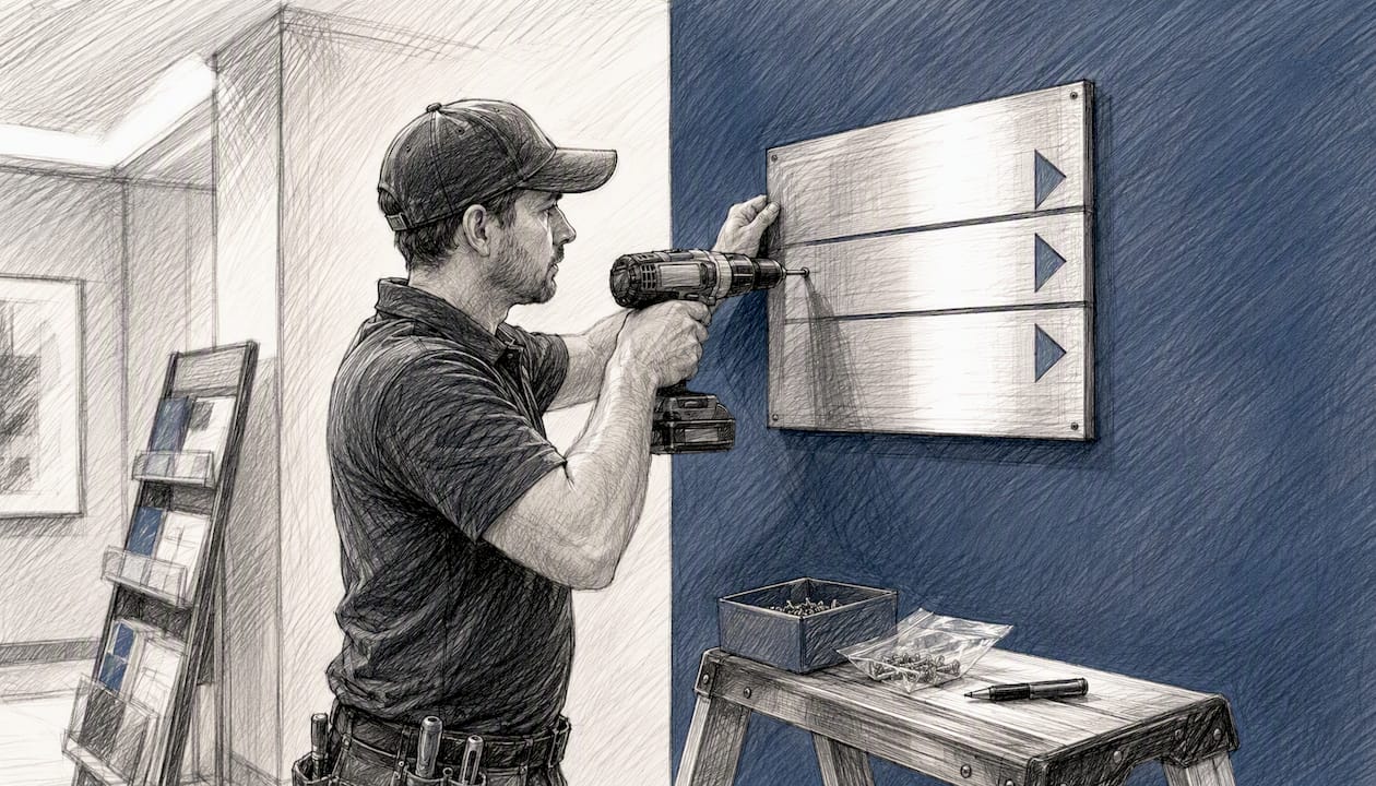 Worker installing indoor wayfinding sign