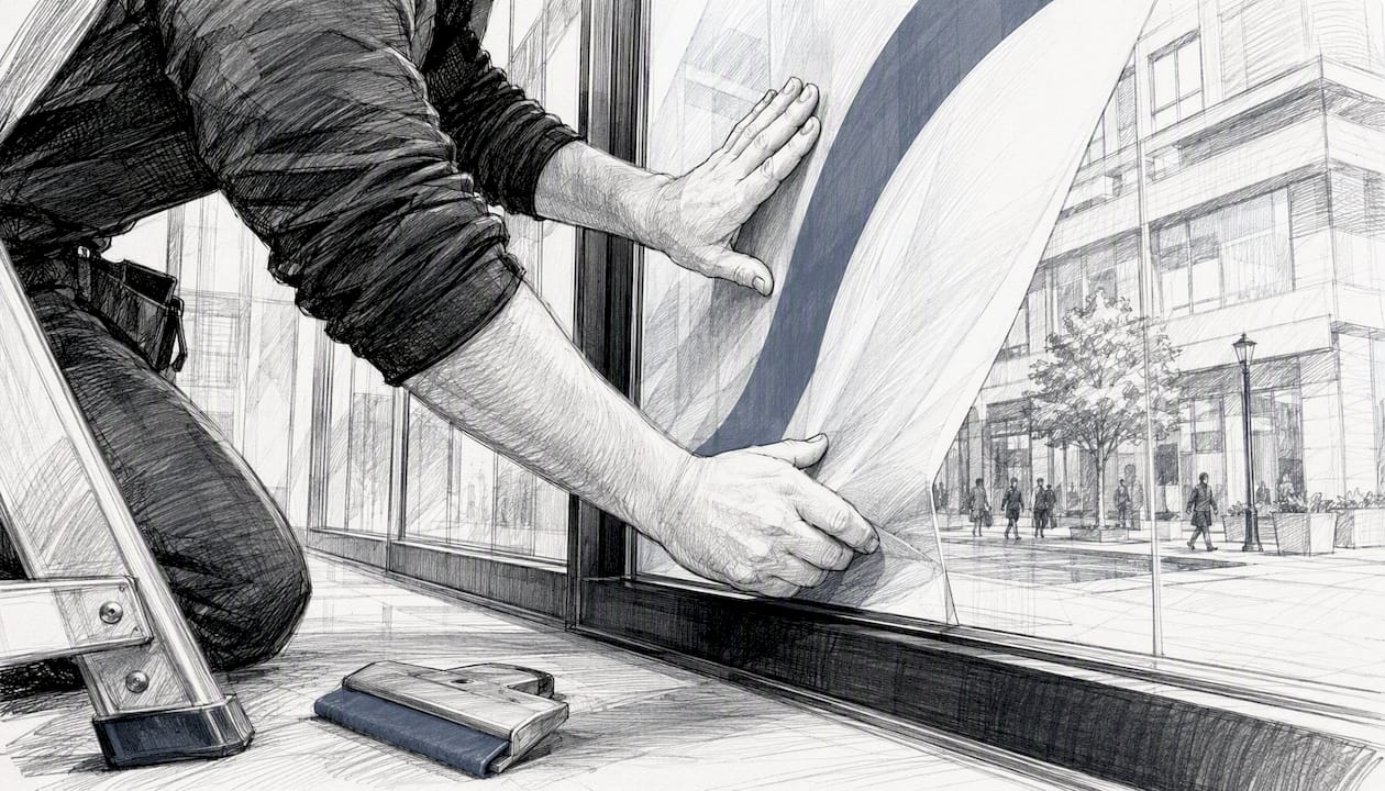 Hands installing vinyl window graphic