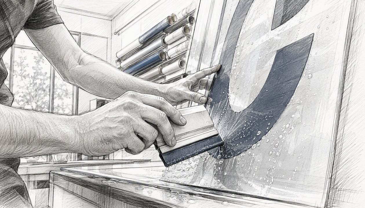 Close-up of vinyl sign application with wet method