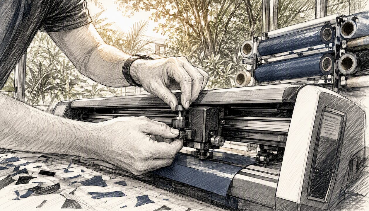 Hands adjusting vinyl cutter machine blade depth