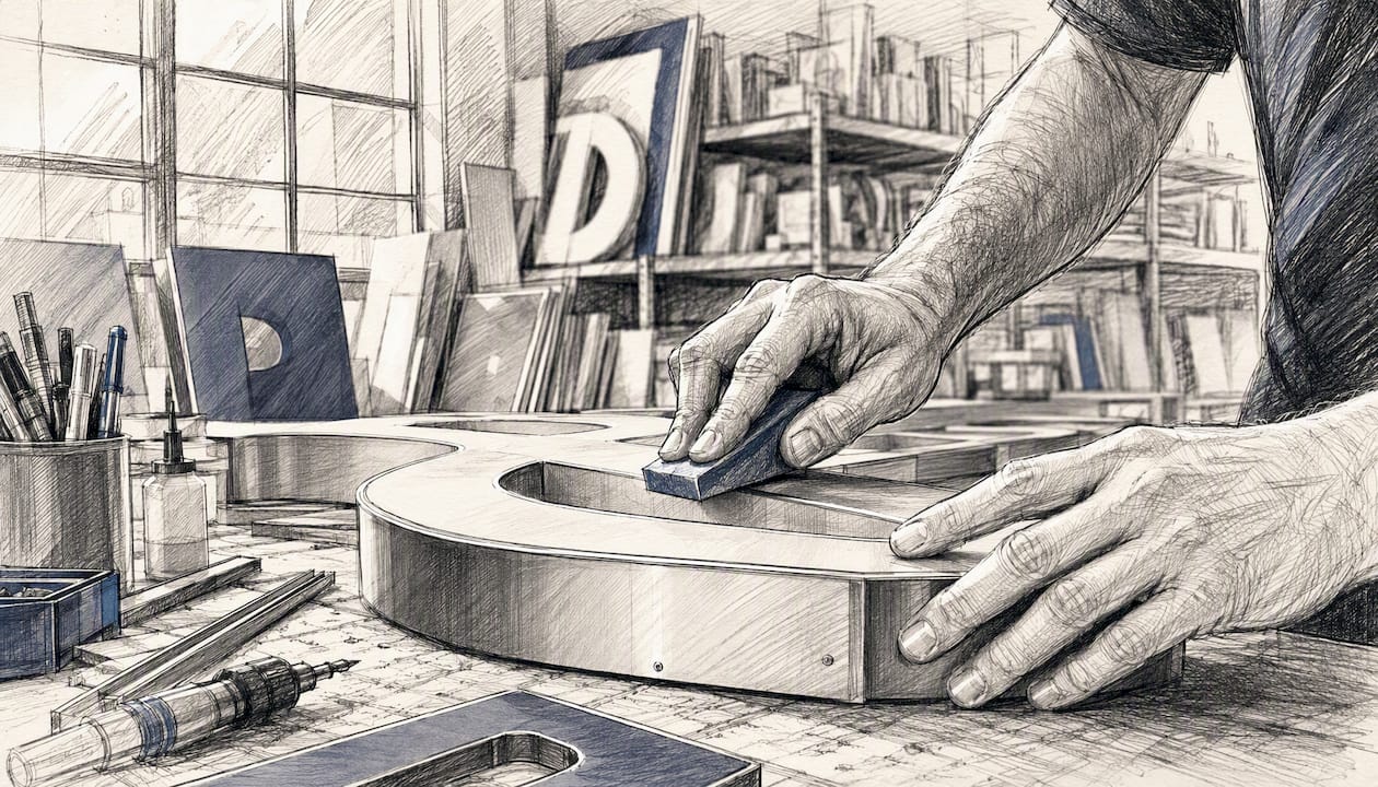 Hands crafting sign components in workshop