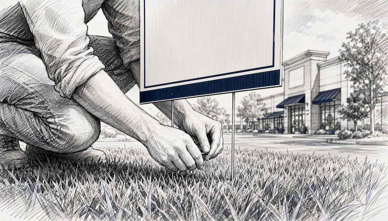 Hands installing a yard sign outdoors
