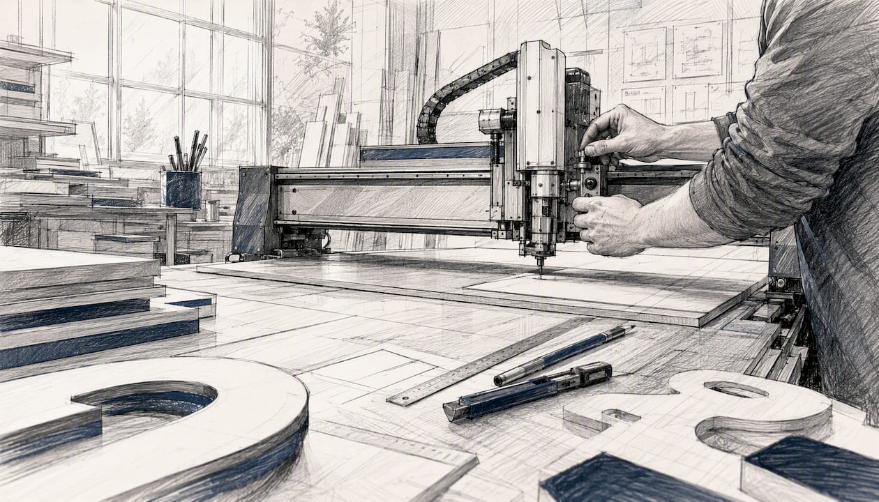 Close-up of sign production workshop stage