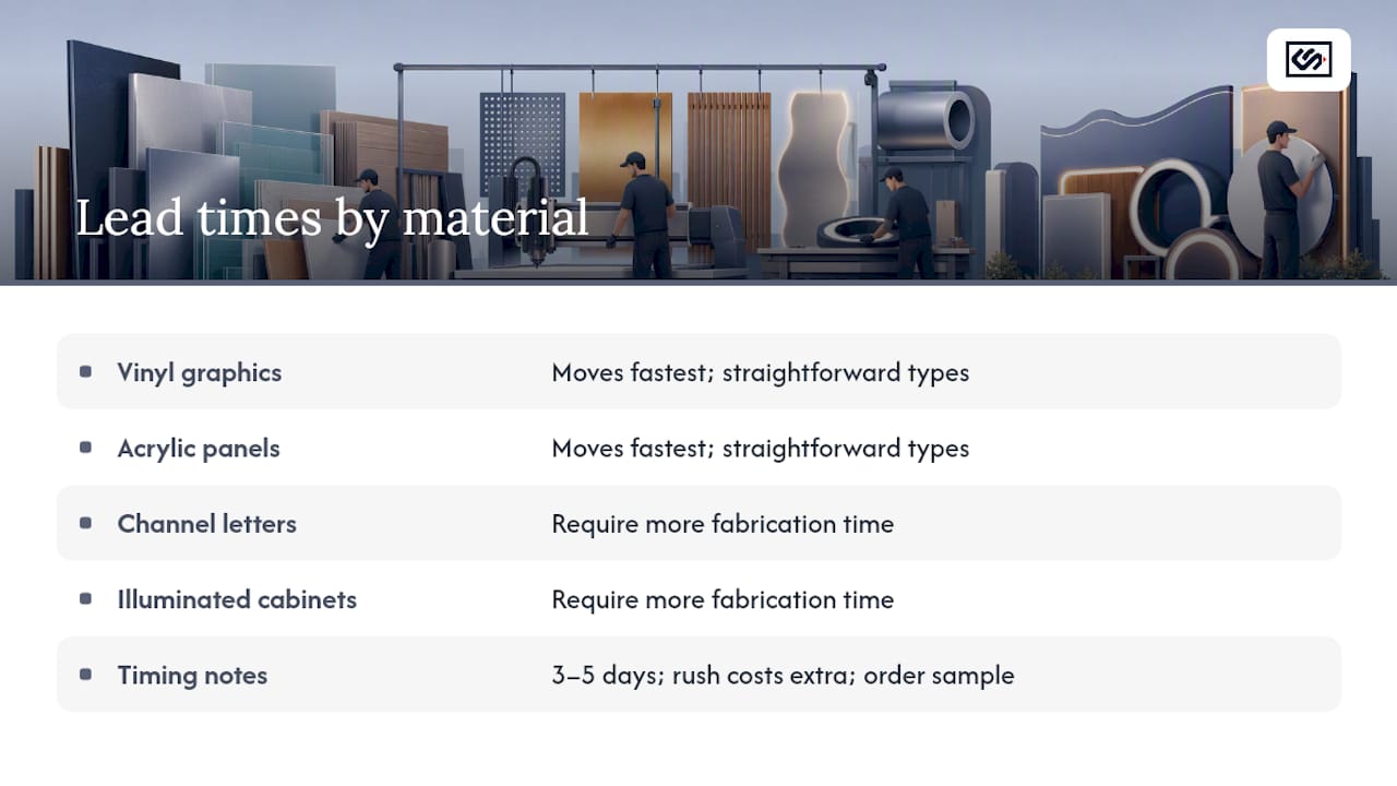 Diagram of sign production lead times by material and volume