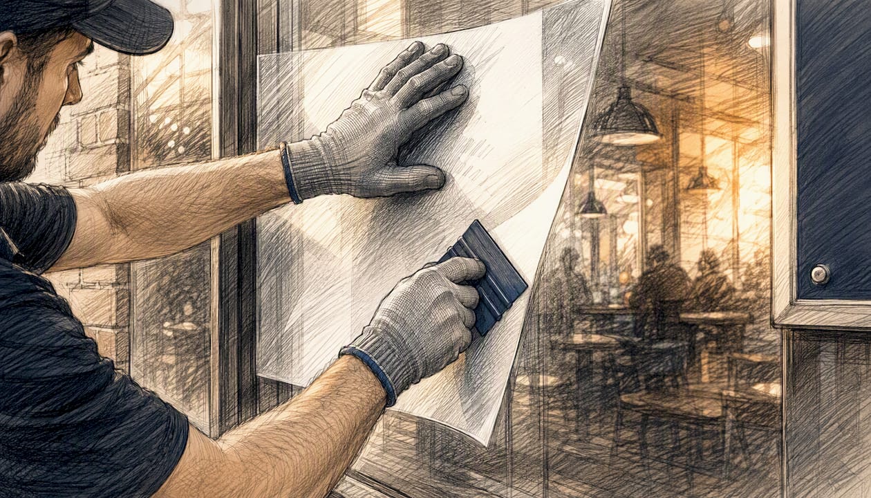 Hands applying vinyl sign on restaurant window