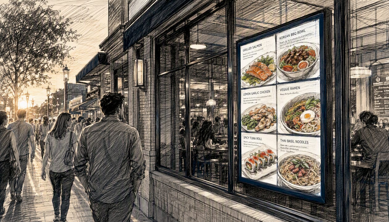 Digital display showing food images in restaurant window