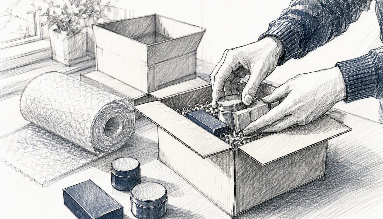 Hands packing product box for manual fulfillment