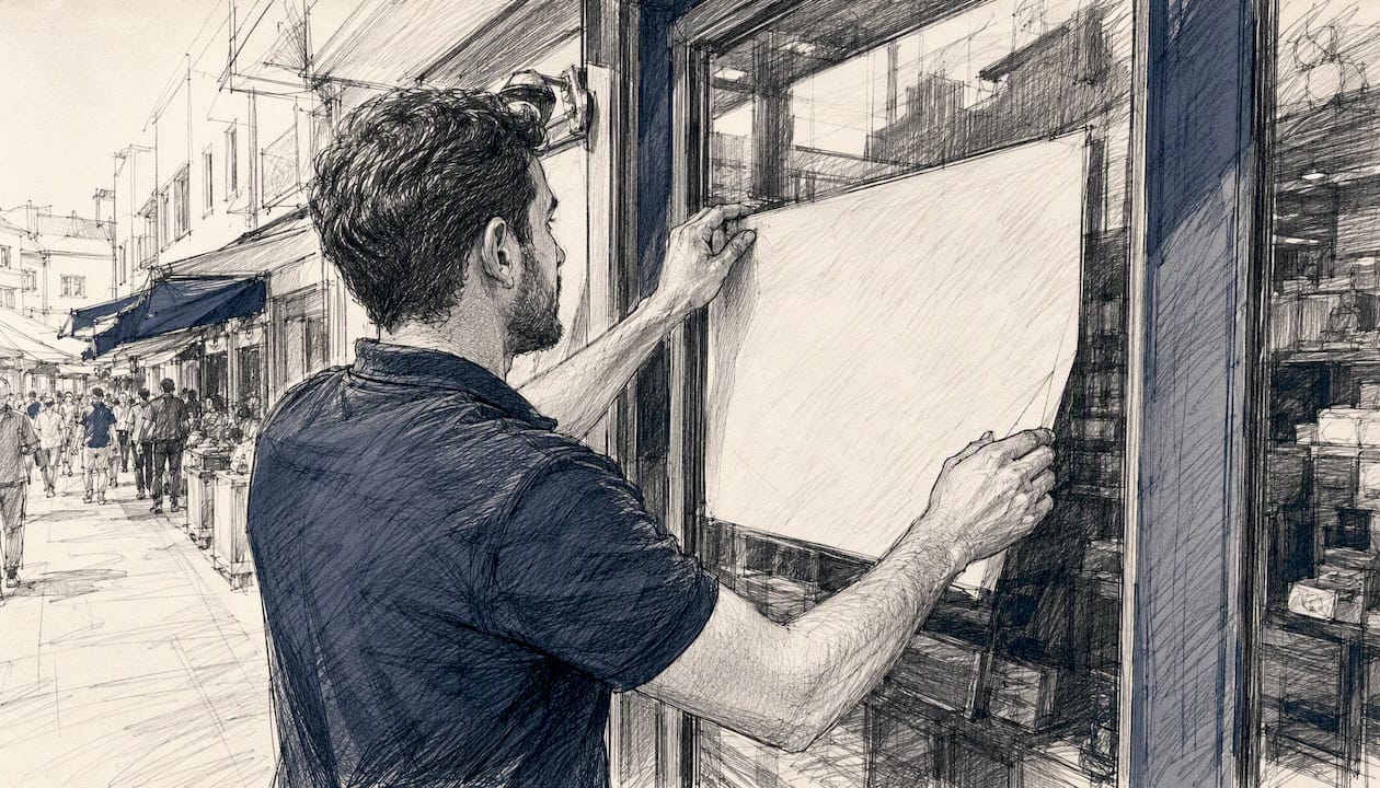 Hands installing vinyl test sign on storefront