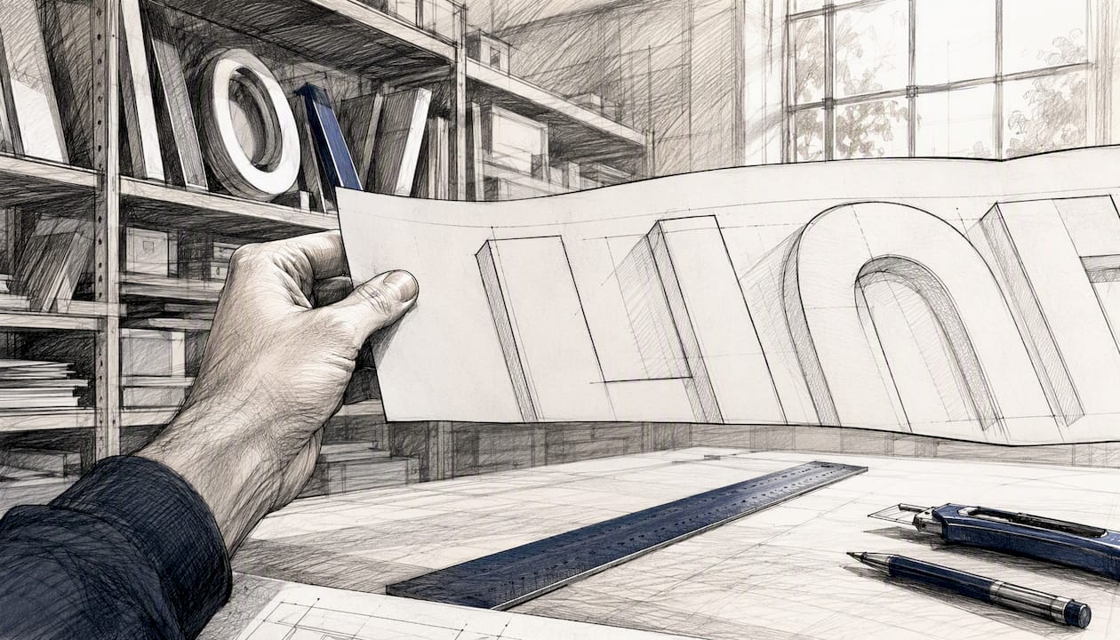 Hand holding full-scale sign mockup against wall