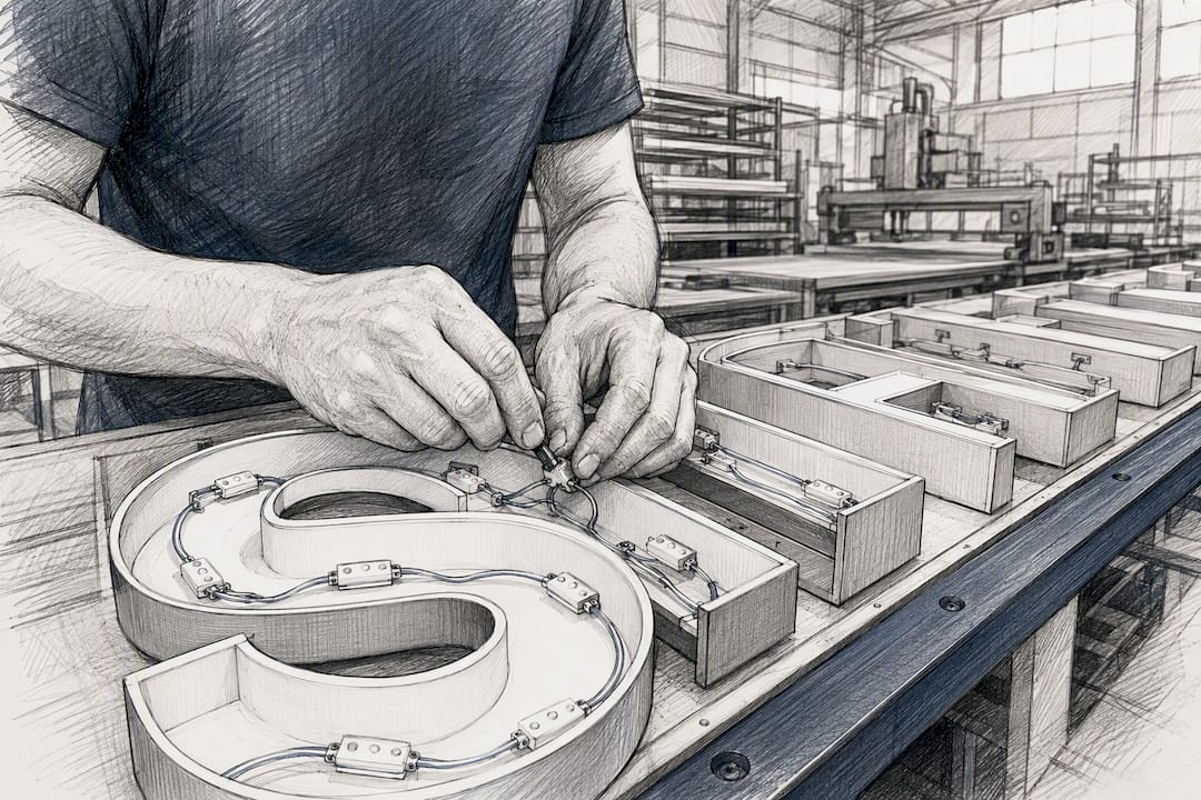 Assembly of channel letter sign parts in factory