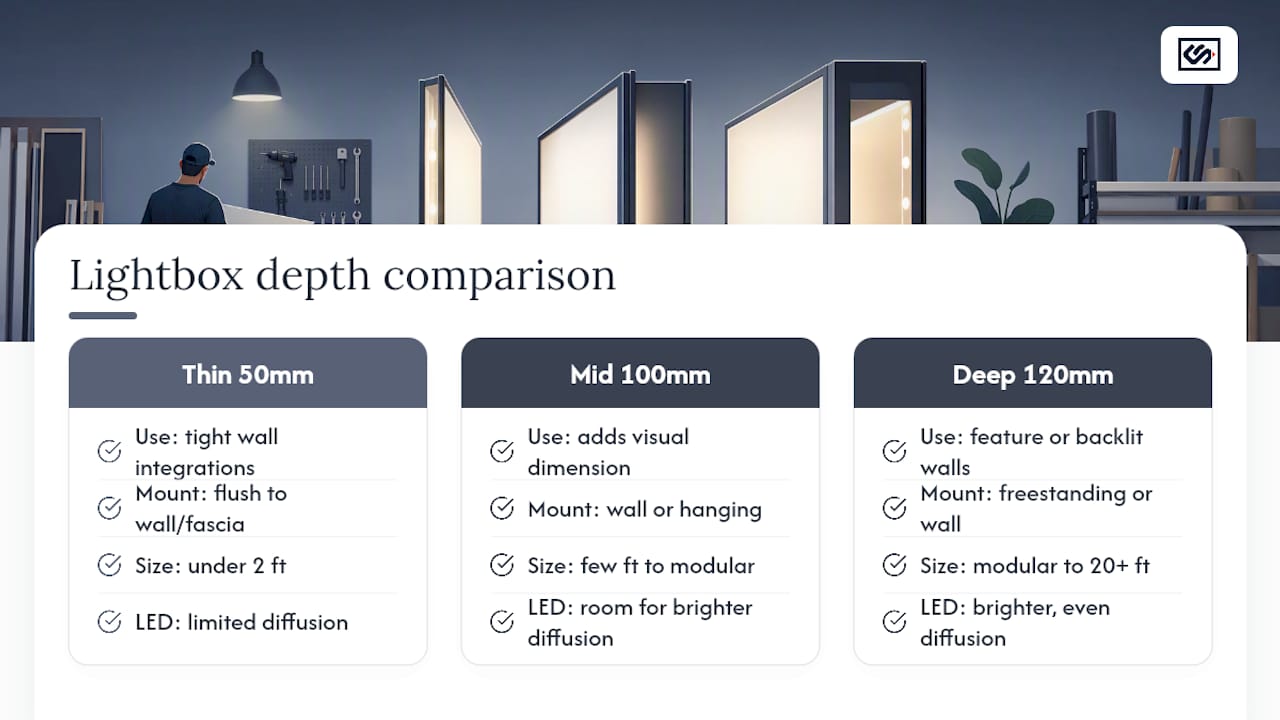 Comparison diagram of lightbox depth profiles, sizes, and LED layouts