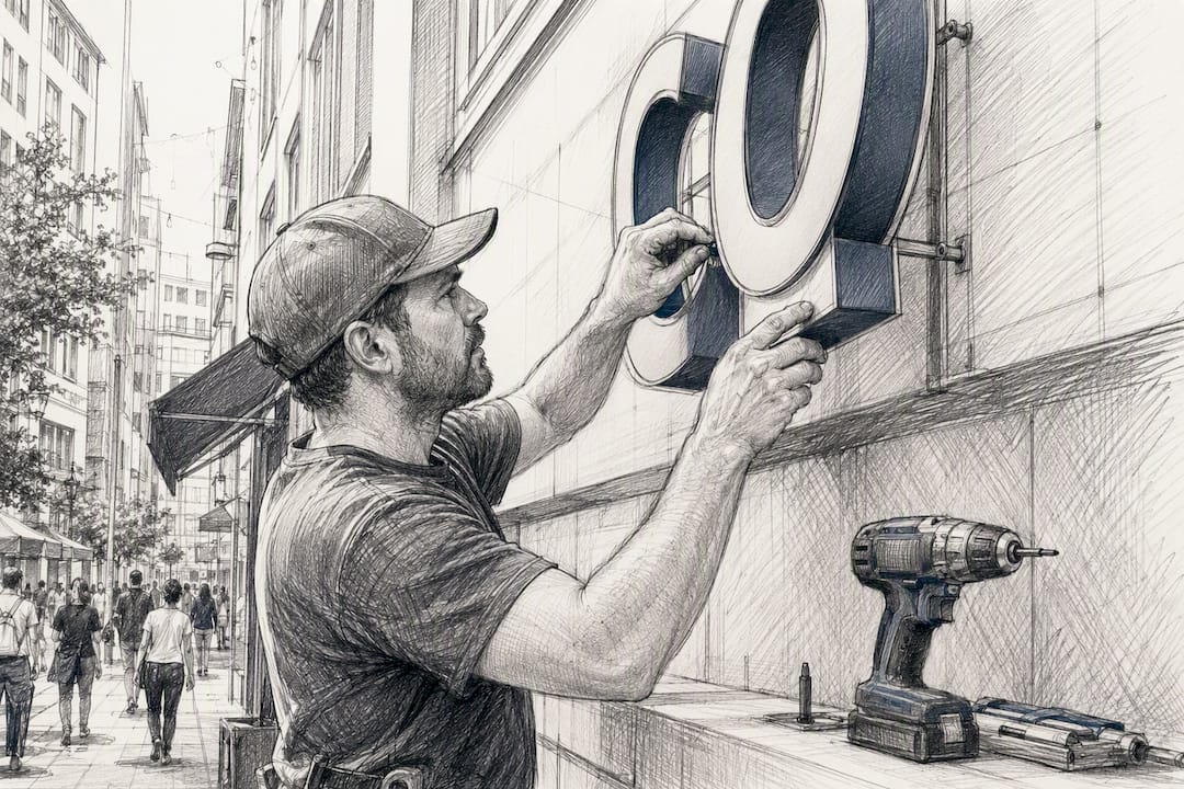 Hands mounting storefront sign