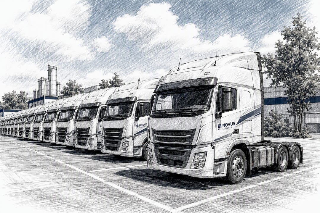 Line of commercial trucks in fleet yard