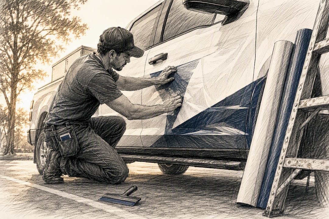 Technician installing partial truck wrap