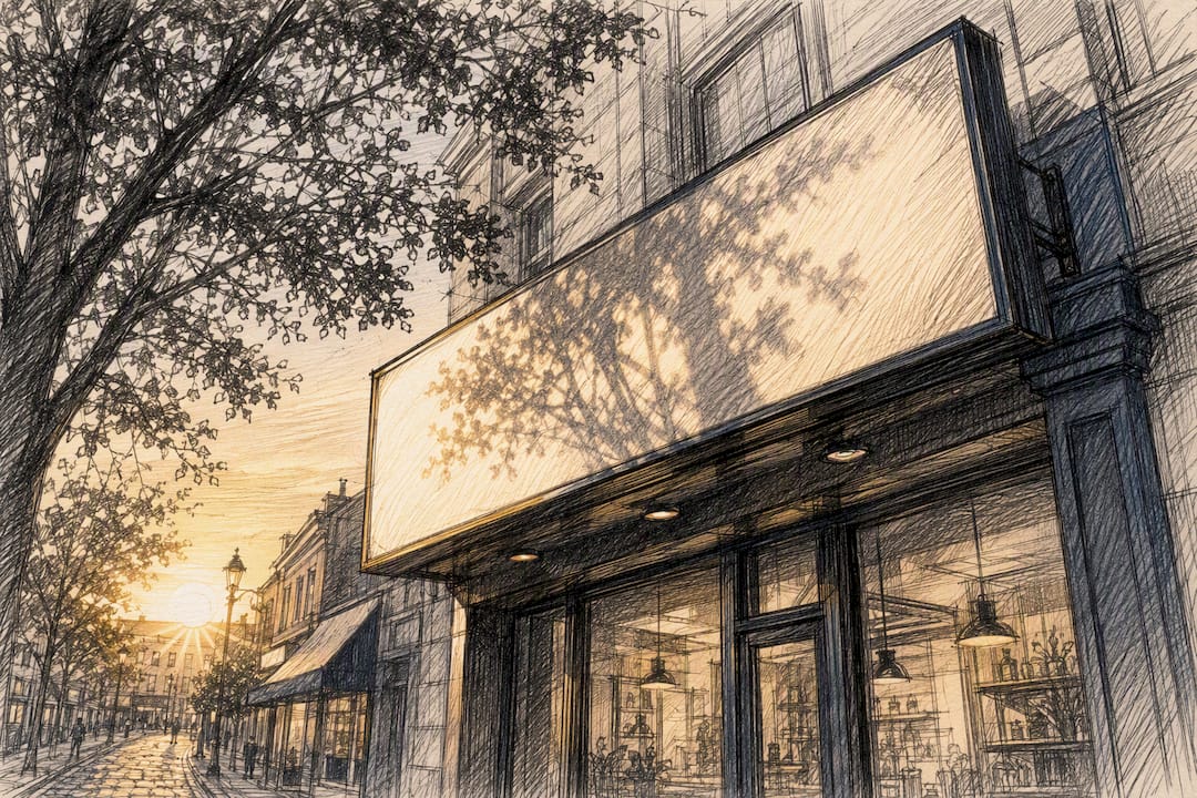 Storefront sign glare and angled view
