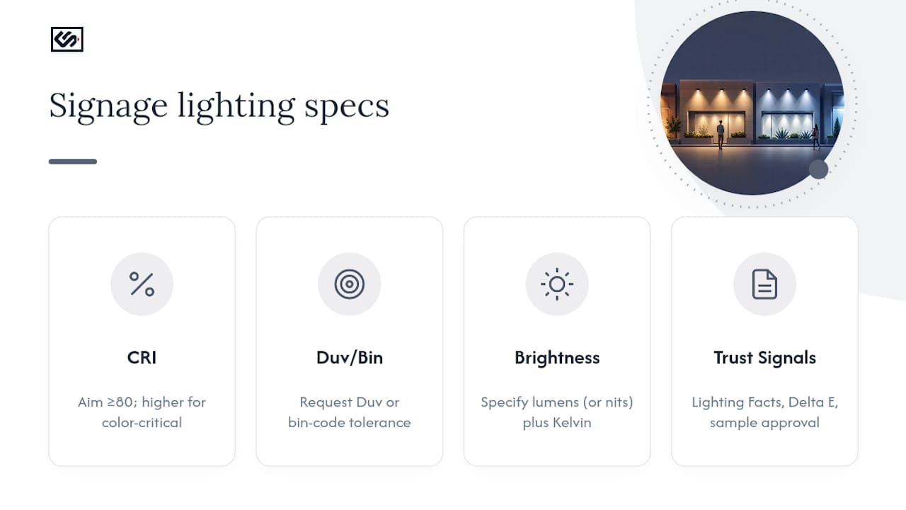 Diagram of signage lighting specifications and parameters