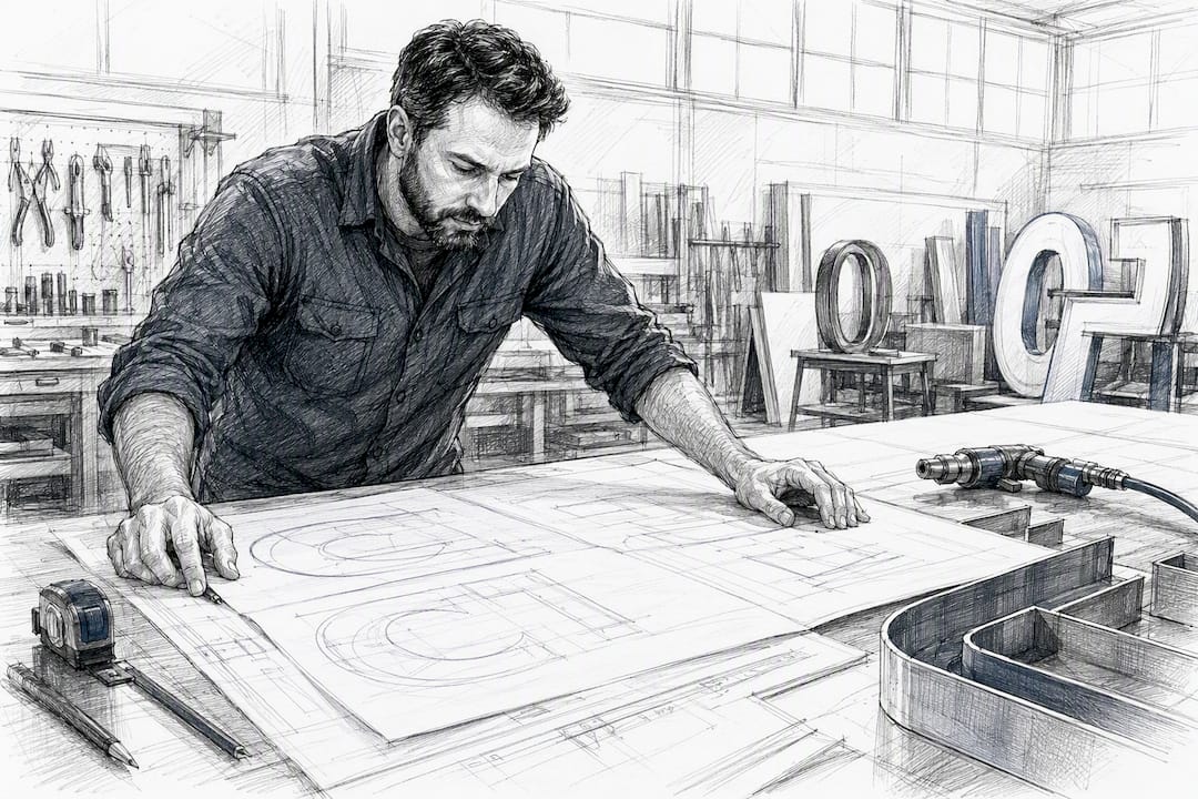 Fabricator reviewing shop drawings in workshop
