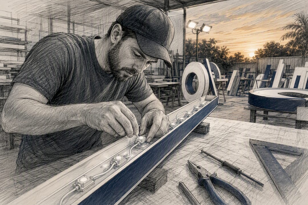 Hands installing LED modules in small channel letter