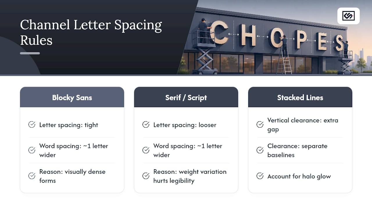 Diagram showing spacing rules between channel letters and words