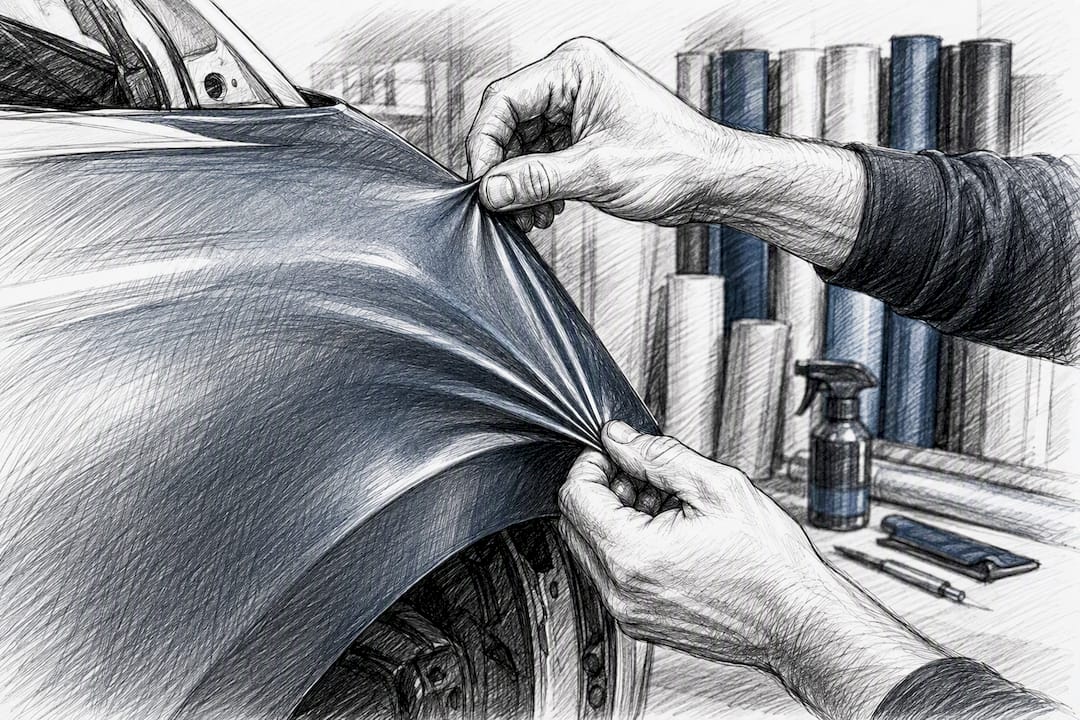 Hands applying vinyl wrap to vehicle edge