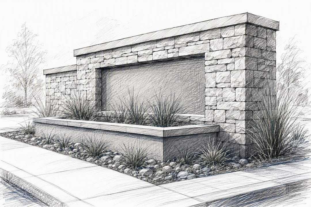 Close-up of textured masonry sign materials