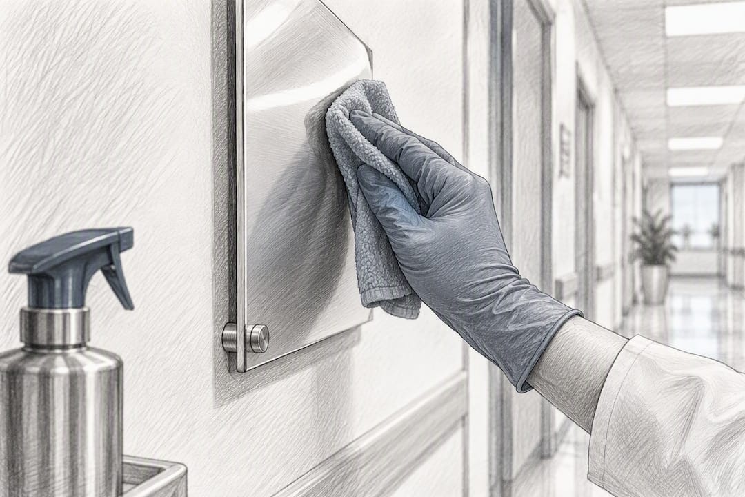 Gloved hand wiping durable clinic sign surface