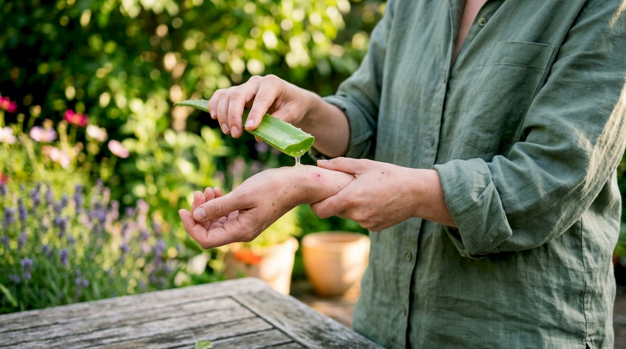 Hands applying aloe vera gel to insect bite