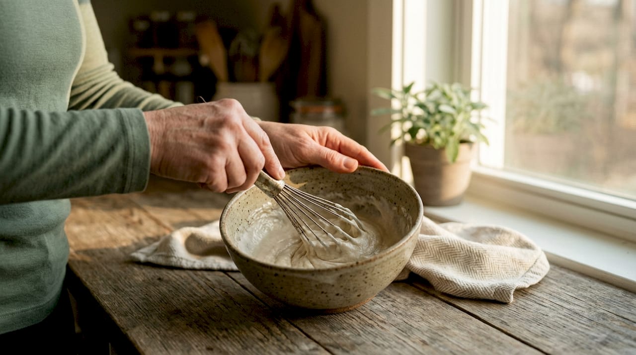 Hands mixing baking soda paste in bowl