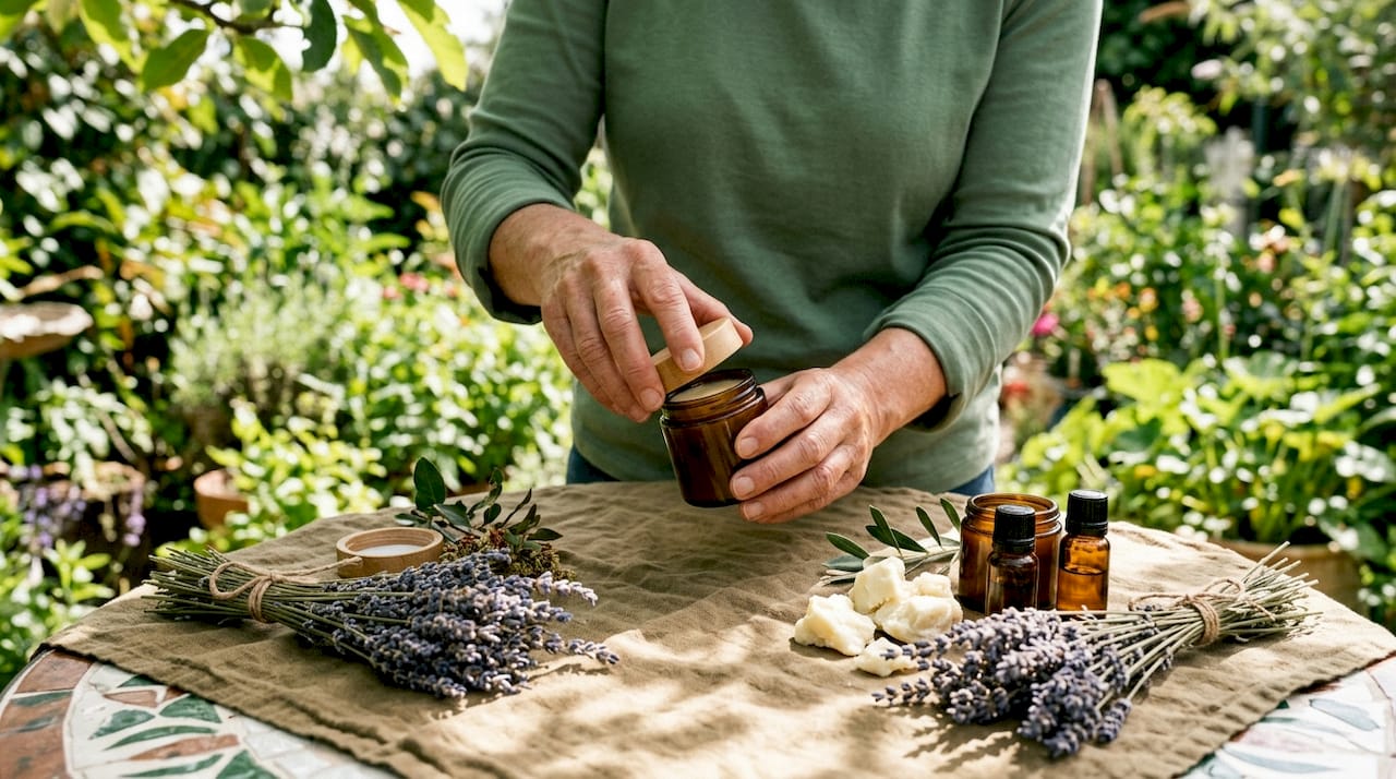 Hands holding balm jar with natural ingredients