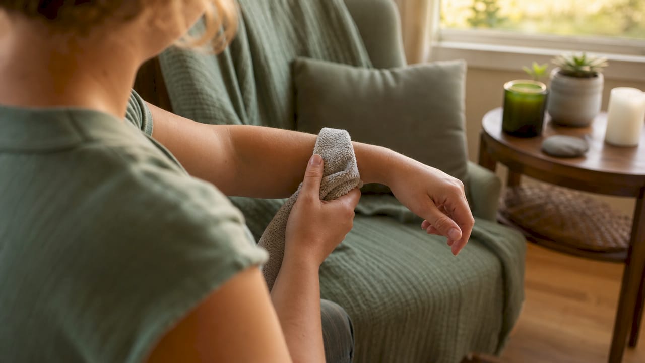 Hands holding cold compress for bite relief