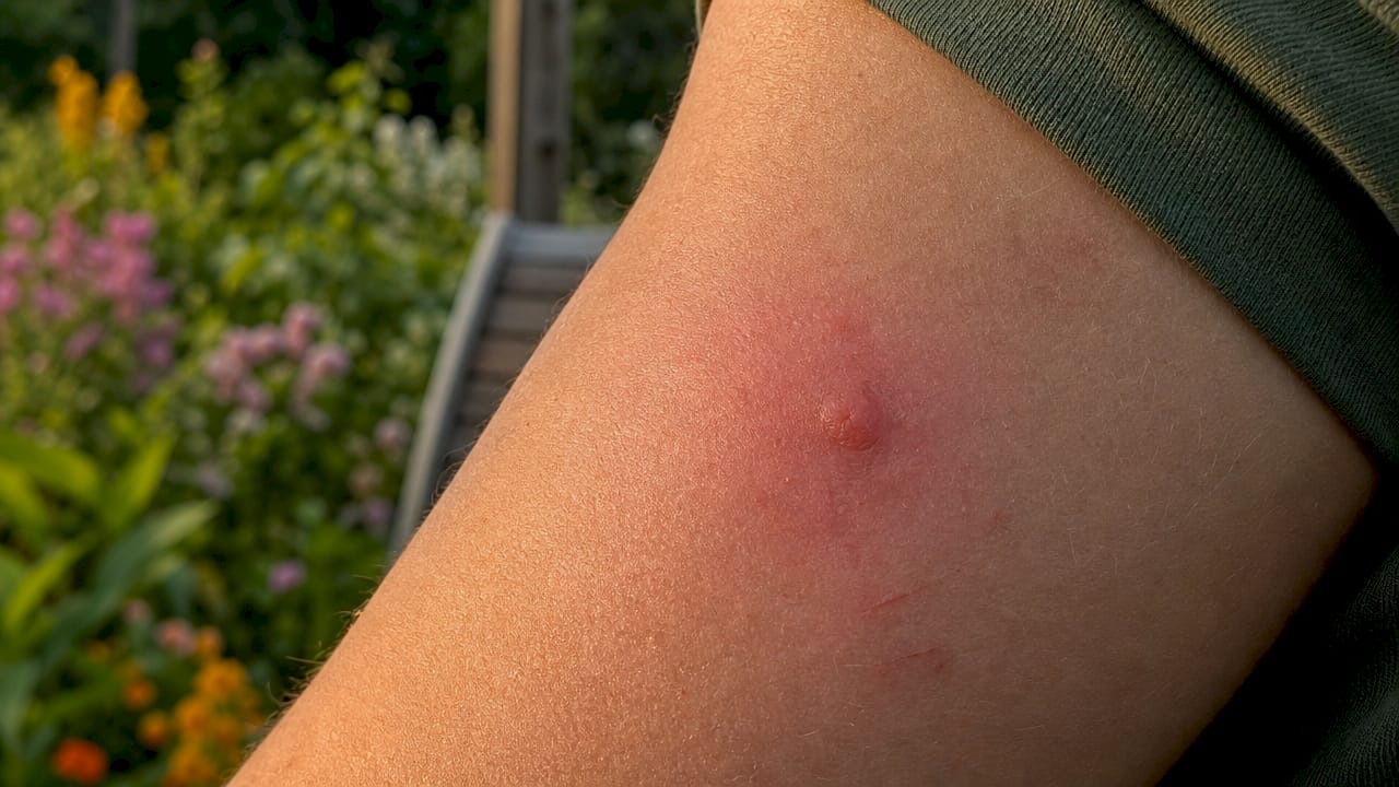 Close-up of red swollen insect bite on skin