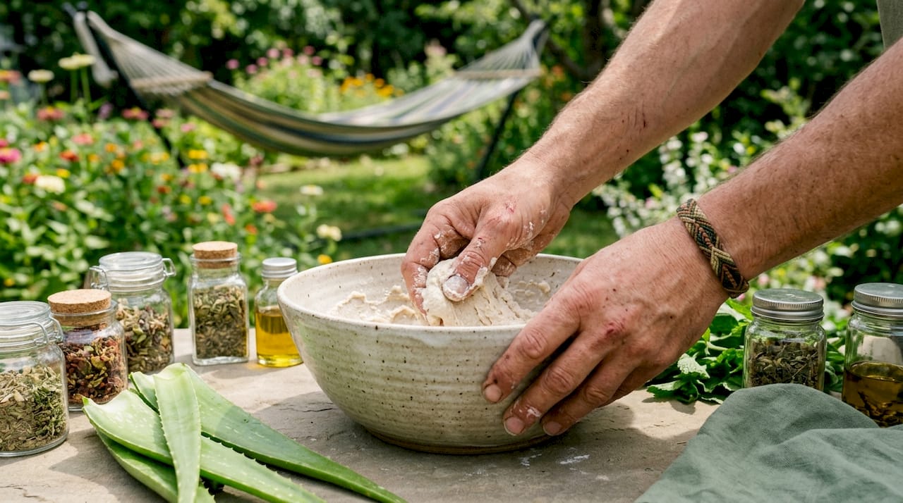 Hands mixing baking soda paste outdoors for mosquito bite relief