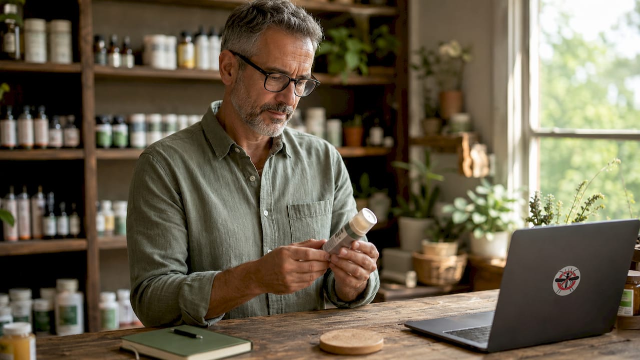Pharmacist reading insect repellent label carefully