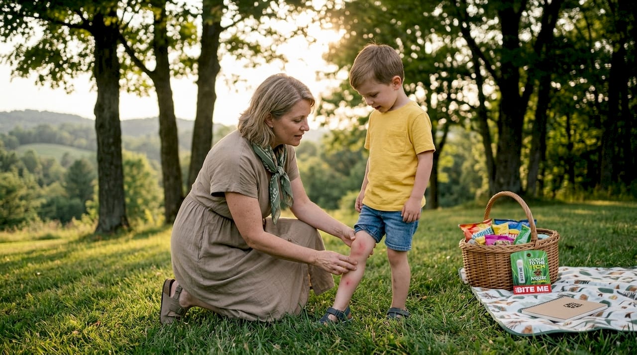 Mother inspecting bug bite on child's leg outdoors