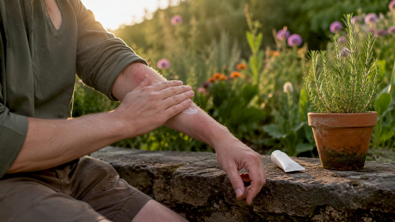 Hands applying sunscreen to red irritated skin