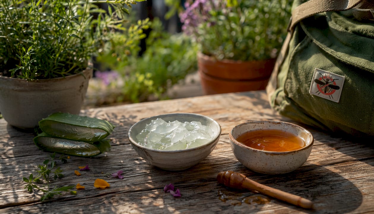 Bowls of aloe vera gel and raw honey on kitchen counter