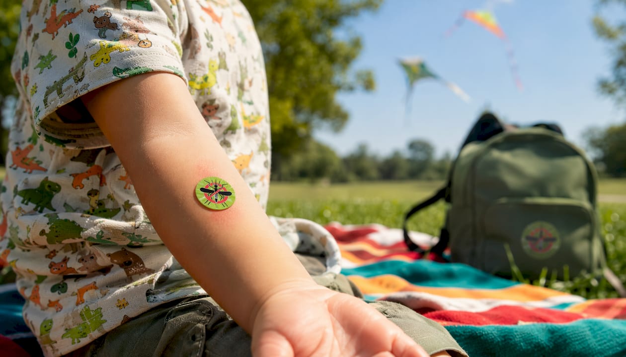 Close-up toddler arm with mechanical itch patch